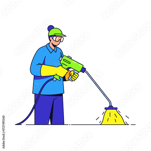 Professional worker in protective gear green cap yellow gloves spraying with a green handheld sprayer.