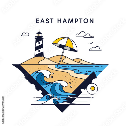 East Hampton beach scene illustration featuring lighthouse umbrella and waves within a geometric shape.