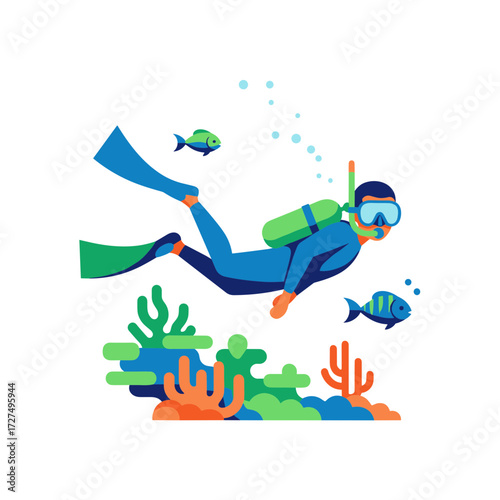 Stylized scuba diver in blue wetsuit with snorkel and tank swimming above vibrant coral.