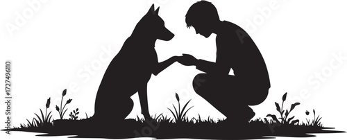 PrintDog training, human connection, pet silhouette, outdoor bond, animal trust, nature moment, companionship, peaceful scene, loyalty, friendship, interaction