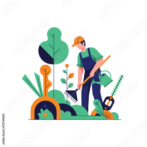Gardener Working in a Colorful Flat Design Garden Scene.