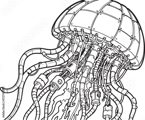 Intricate Robotic Jellyfish Line Art Illustration