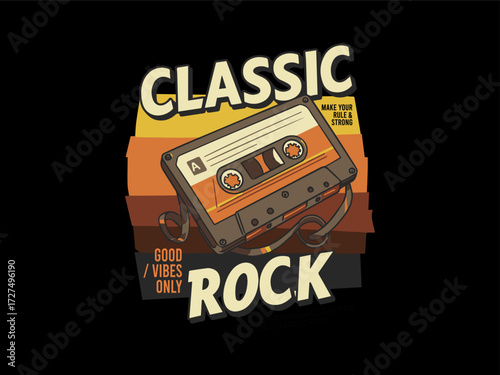 Classic Rock Cassette Tape Retro Music Good Vibes Only Illustration, design t-shirt streetwear clothing, vector typography, perfect for modern apparel
