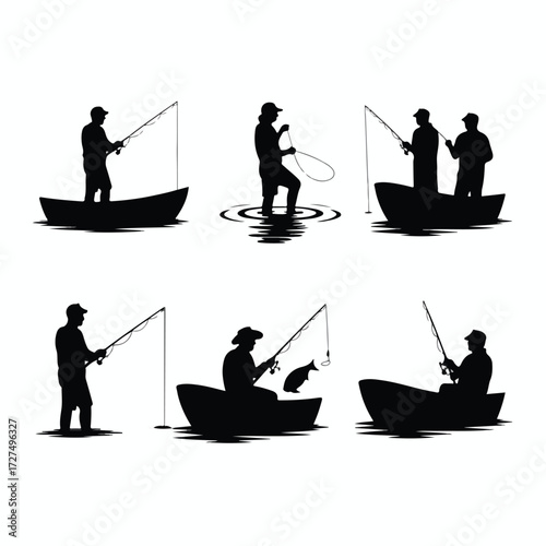 Fishing boats silhouette vector illustration set for sport and leisure art