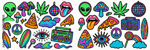 Psychedelic Neon Cartoon Sticker Set with Trippy Symbols