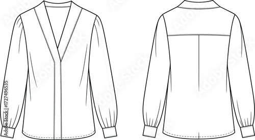Technical fashion sketch, long sleeve blouse, V-neckline, front and back view, gathered cuffs, yoke detail, pleat, garment construction, vector illustration