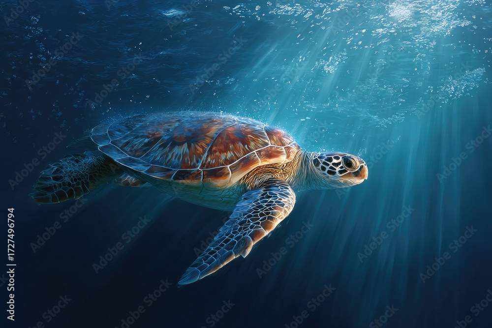 Fototapeta premium Sea turtle swimming in sunlit underwater scene