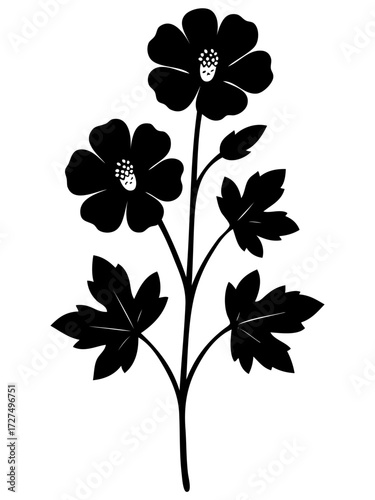 Silhouette of a flowering plant with two large blossoms, multiple buds, and detailed leaves. Perfect for botanical designs, natural decorations, floral prints, and eco-friendly projects.