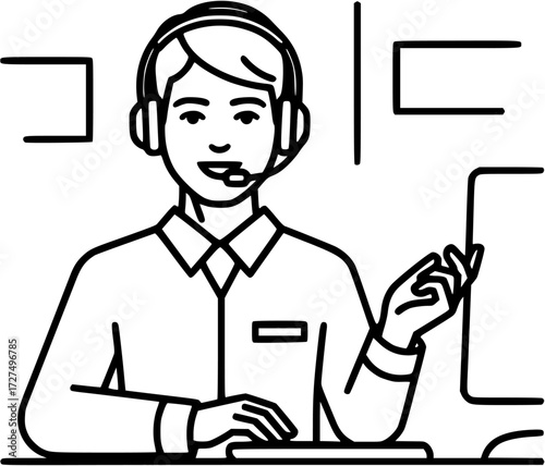 Customer service representative icon vector, call center agent, help desk support person outline graphic
