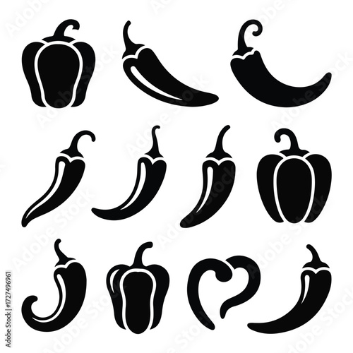 A colorful set of fruits and vegetables icons including hot chili pepper, apple, banana, strawberry, orange, and pear for a healthy vegetarian food design vector illustration