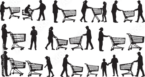 PrintShopping cart silhouette, retail behavior, consumer interaction, family shopping, market scene, people shopping, everyday life, commerce, buying activity, lifestyle