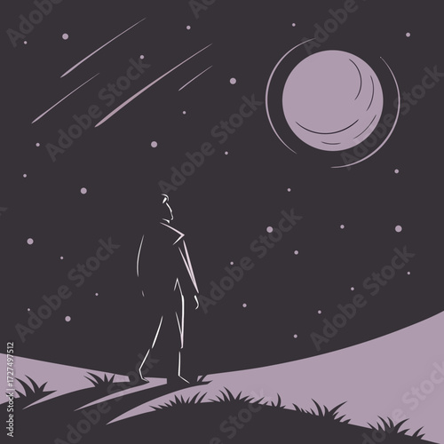 A lone figure stands on a grassy hill under a starry night sky, gazing up at a large moon and shooting stars, evoking a sense of wonder and contemplation