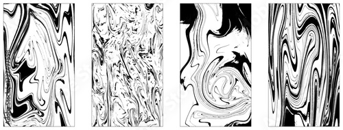 Set of abstract backgrounds. Ink marbling textures. Black and white. Hand drawn marble illustrations, ebru aqua paper and silk prints. Traditional Turkish ebru technique. 