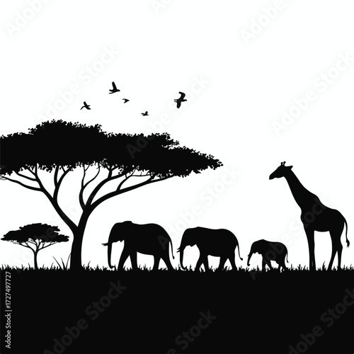 A stunning silhouette of a deer and other animals in a wild forest landscape illustration against a sunset sky vector design