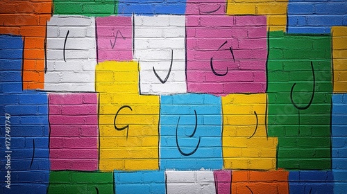 Colorful geometric brick wall mural abstract art design