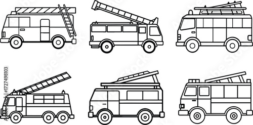 Set of fire ladder truck outline vector and illustration line art