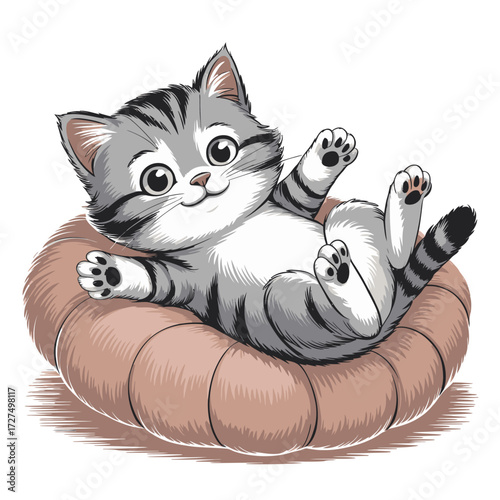 Cute tabby kitten relaxing in a round cushioned bed. Perfect for pet product advertisements, cat lover websites, and social media posts.