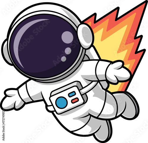 Adorable Cartoon Astronaut Soars Through Space with Fiery Rocket Boosters Exciting Space Adventure Exploration