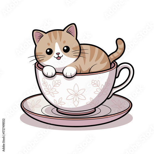 Kitten in tiny teacup on saucer, suitable for pet lovers, animalthemed designs, cute merchandise, greeting cards, social media posts.