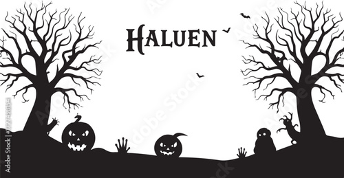 Spooky Halloween-themed Silhouette Scene with "HALUEN" Text, Bare Trees, and Carved Pumpkins