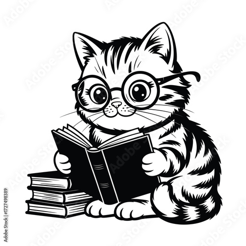Cute kitten in glasses enjoys reading book, perfect for educational designs, social media posts, and book lover content.