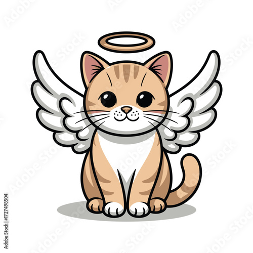 Cat with wings and a halo above, cute pet illustration for angelic designs, greeting cards, and whimsical projects. Mythical feline concept.