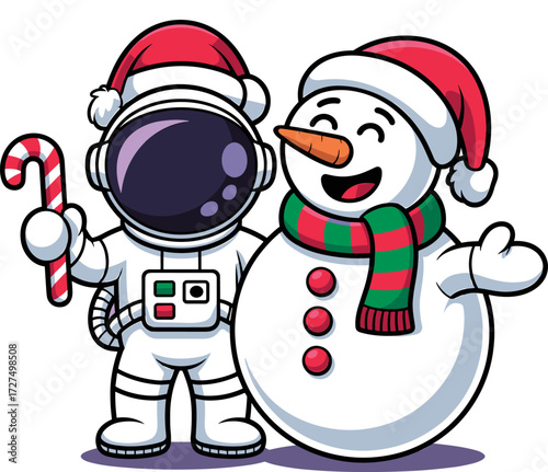 Astronaut and Snowman Celebrate Winter Holidays Together with Festive Spirit and Joyful Companionship