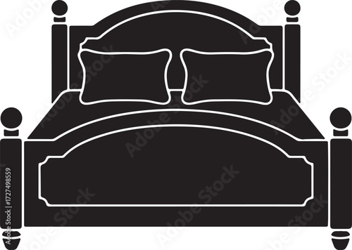 Black and white image of a comfortable bed with pillows in a modern bedroom interior design of a house