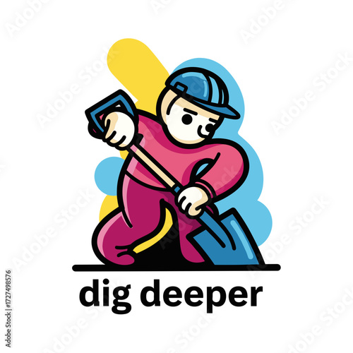 Energetic cartoon worker in blue hard hat digging with a shovel vibrant illustration.