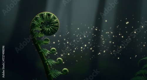 Magical glowing spores emanate from a young fern fiddlehead unfurling in an enchanted forest