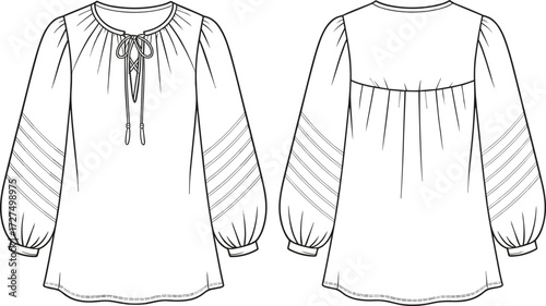 Technical fashion sketch, puff sleeve blouse, keyhole neckline, tassel tie detail, gathered yoke, front and back view, vector illustration, garment design