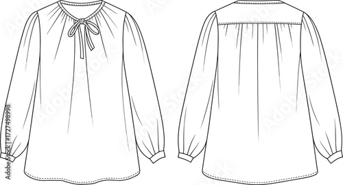 Technical fashion sketch, puff sleeve blouse, keyhole neckline, bow tie detail, gathered yoke, front and back view, vector illustration, garment construction