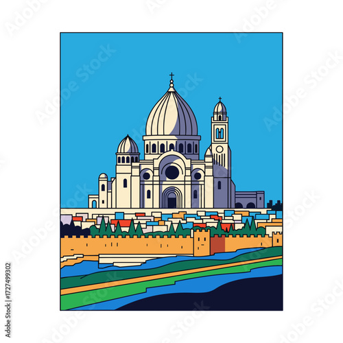 Stylized vector illustration of a grand domed basilica white facade ancient city wall.