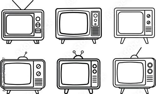 Set of retro tv outline vector and illustration line art