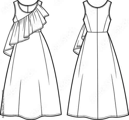 Elegant sleeveless girls dress with one-shoulder ruffle detail, front and back CAD flat sketch for kids fashion design