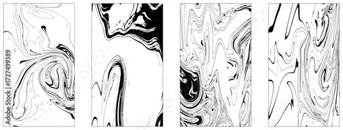 Set Ink texture of 4 watercolor hand drawn artistic marbling invitation, traditional Turkish ebru illustration. Abstract background print on paper. Template for dress and cloth print, invitations.