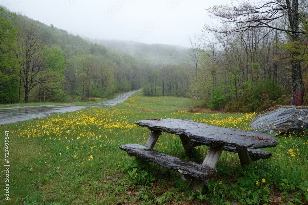 Fototapeta premium A rustic picnic table sits amidst a field of wildflowers on a rainy day, overlooking a misty mountain road.