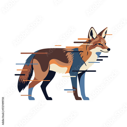 Modern geometric fox illustration with fragmented lines earthy and cool color blocks.
