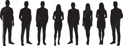 Diverse human silhouettes, male and female figures, casual and formal attire, standing group icons, social representation vector, isolated people illustration set