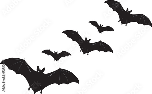 Flying bat silhouettes, black vector icons, Halloween theme, spooky night creatures, gothic illustration, nocturnal animals in motion, isolated horror design elements
