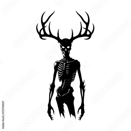 Silhouette of a skeletal creature with large antlers on a white background