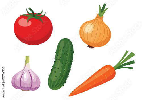 A collection of fresh garden vegetables including tomato onion and cucumber.