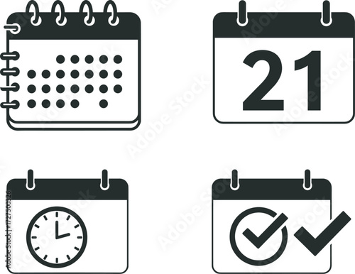 Minimalist calendar icon set, black and white schedule symbols, appointment planner graphics, date reminder illustrations, vector time management elements, isolated design