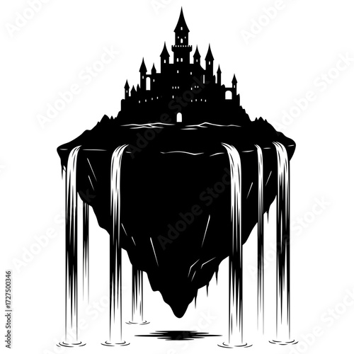 Silhouette of a fantasy castle on a floating island with waterfalls