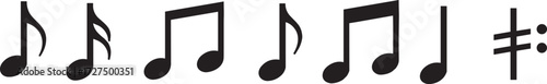 Musical symbols sequence, eighth and quarter notes, rest and repeat sign, rhythm notation icons, vector music elements, isolated composition graphics