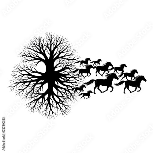 Silhouette of a bare tree with a herd of horses running out of its branches