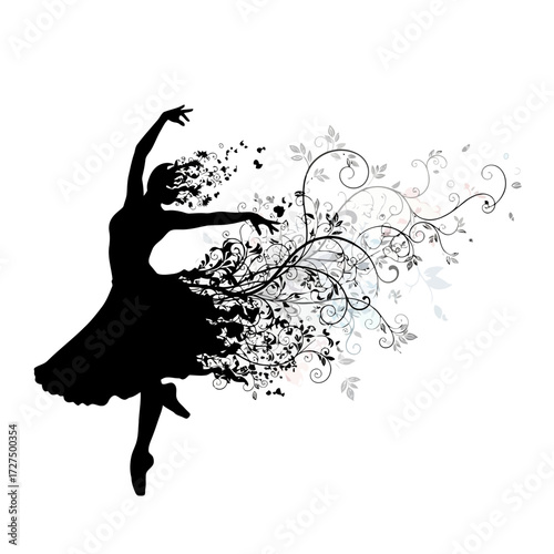 Silhouette of a ballerina dissolving into floral elements and swirling vines