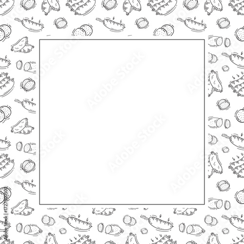 sausage frame. doodle grill sausage square frame. hand drawn sausage frame background. grill sausage background