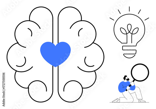 Brain with central heart, lightbulb symbolizing ideas, person analyzing with magnifying glass. Ideal for creativity, problem-solving, critical thinking, innovation, emotional intelligence