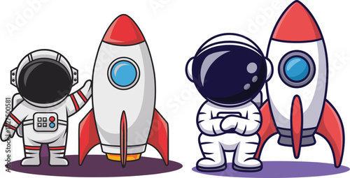 Two Adorable Cartoon Astronauts Standing Next to Their Rockets Ready for Space Exploration Adventure and Bundle Design Concept